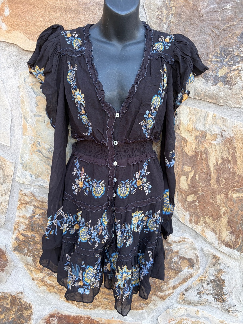 Farm Rio Black Stitched Garden Button Front Long Sleeve Mini Dress NWT XXS Fall - Picture 6 of 15